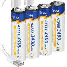 AXFEE įkraunama ličio AA baterija, 4 1,5 V 3400 mWh USB-C AA ličio baterijų pakuotė su įkrovimo kabeliu 