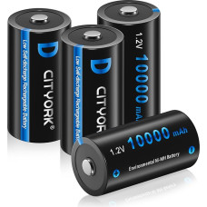 CITYORK įkraunamos baterijos, D 10000 mAh 1,2 V NiMH baterijos su mažu savaiminiu išsikrovimu, idealiai tinka žaislams, LED žibintuvėliams, radijo imtuvams, modelių gamybai ir daugeliui kitų prietaisų (4 vnt.)