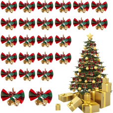 Bliceon Weihnachtsschleife mit Glocken, Mini-Weihnachtsbaum-Schleifen, Weihnachtskränze, Schleifen, Weihnachtsdekoration, Weihnachtsdekoration, Weihnachtsdekoration, Weihnachtsdekoration, Stoff-Hängedekorationen, 25 Stück