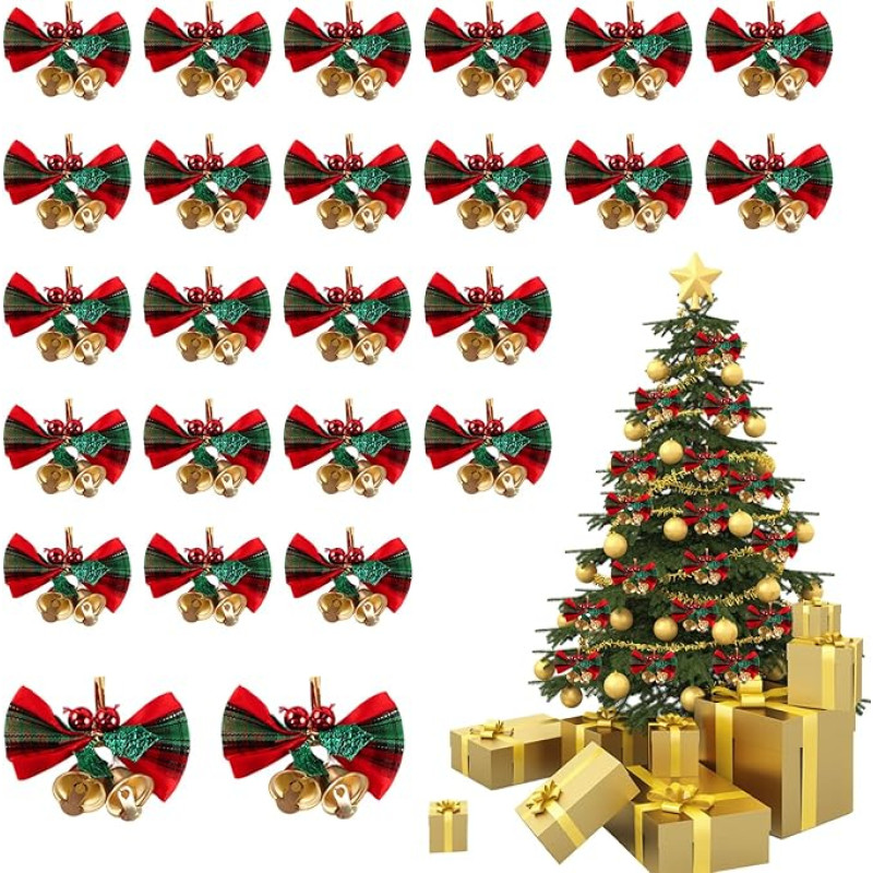 Bliceon Weihnachtsschleife mit Glocken, Mini-Weihnachtsbaum-Schleifen, Weihnachtskränze, Schleifen, Weihnachtsdekoration, Weihnachtsdekoration, Weihnachtsdekoration, Weihnachtsdekoration, Stoff-Hängedekorationen, 25 Stück