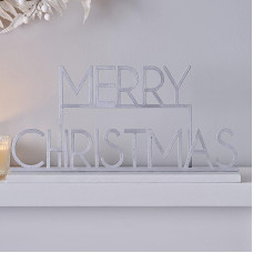 Ginger Ray SIL-424 Linksmų Kalėdų metalinė ir medinė židinio dekoracija Balta/sidabrinė