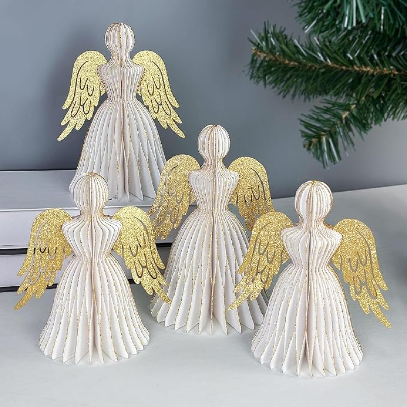 4 x Kalėdų šventės dekoracijos, popierinis angelas, medaus korio angelas, Kalėdų eglutės papuošalai, blizgučiai, Kalėdų dekoracijos, stalo dekoracijos, kabančios kalėdinės dekoracijos
