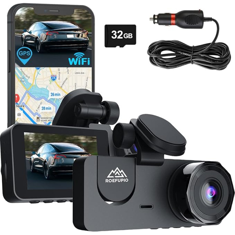 Priekinė ir galinė prietaisų kameros su Full HD 1080P dvigubu įrašymu, 32 GB žemėlapiu, integruotu 