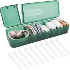 LUWOO Cable Organizer Box with 10 Cable Ties, Transparent Charging Cable Management Sleeves with 7 Compartments, Desk Drawer Organiser, Storage Container, Wire Storage Box with Lid (Green