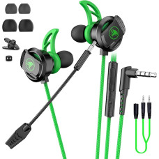 BlueFire In-Ear Gaming Headphones, Detachable Long Microphone, Wired In-Ear Headphones with 2 Microphones, Noise Reduction, Volume Control for PS4, Xbox, PC, Laptop (Green)