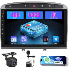 Inefala 8 Core Qualcomm Android 15 4+64G Radio Pantalla for Peugeot 308 with Wireless Carplay and Android Car, 9 Inch Screen with Mirror Link Radio FM/RDS GPS WiFi Bluetooth SWC AHD Rear View Camera