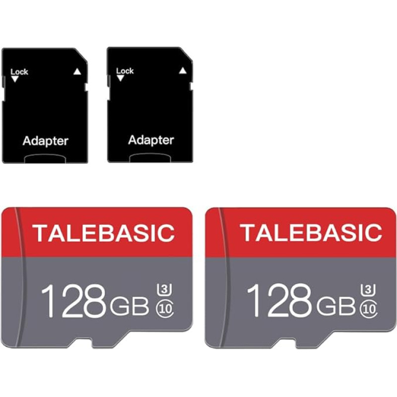 128 GB mikrokortelė 10 klasės didelės spartos TF kortelė su adapteriu, skirta planšetiniam kompiuteriui / išmaniajam telefonui / fotoaparatui / automobiliniam radijui / žaidimų pultui (2 vnt., 128 GB)