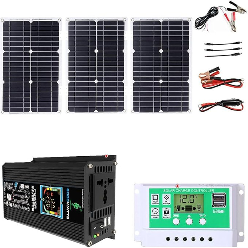 6000 W Off-Grid-Solarpanel-Kit mit wasserdichtem 75-W-Panel und 50-A-Controller for Camping/Wohnmobil/Außeneinsatz - Dual-Ports und Reiner Sinus-Wechselrichter(Black)