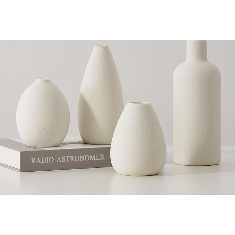 CEMABT Baltos keraminės vazos, 4 mažų vazų gėlėms rinkinys, unikalios vazos gėlėms, dekoratyvinės modernios vazos, skirtos namų dekorui, stalo įėjimui (baltos spalvos)