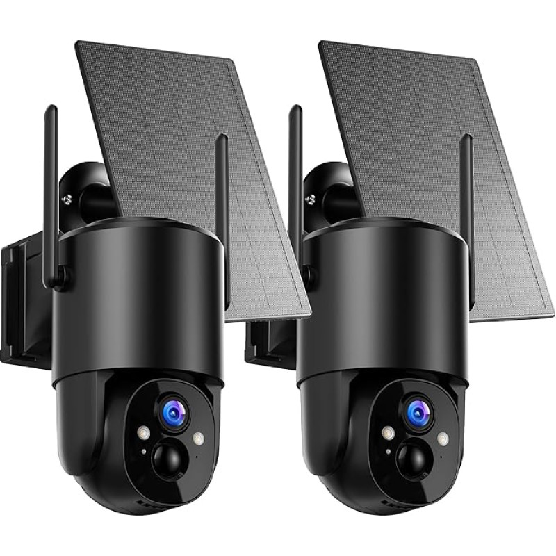 Pack of 2 Outdoor Surveillance Cameras Battery Solar: 2K Camera Surveillance Outdoor 360° Pan WiFi IP Camera Outdoor Wireless 2.4G WiFi Outdoor Camera with Night Vision in Colour PIR Motion Sensor