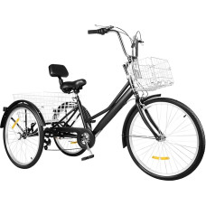 jiumxliu 24 Inch Adult Tricycle for Adults, 3-Wheel Bicycle with 7-Speed Gears, Sturdy High Carbon Steel Frame, Adjustable PU Seat, with 2 Practical Baskets - Ideal for Seniors