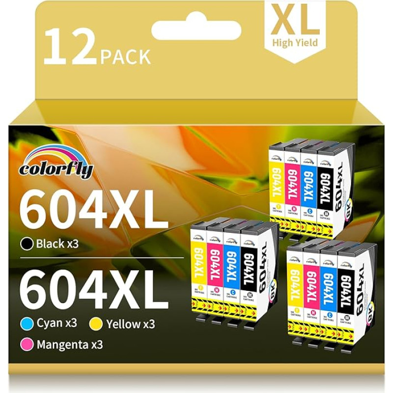 colorfly 604XL spausdintuvo kasetės, suderinamos su Epson 604 604XL kasetėmis, skirtomis Expression Home XP-2200 XP-2205 XP-3200 XP-3205 XP-4200 XP-4205, Workforce WF-2910 WF-2930 WF-2950 (12 vnt.)