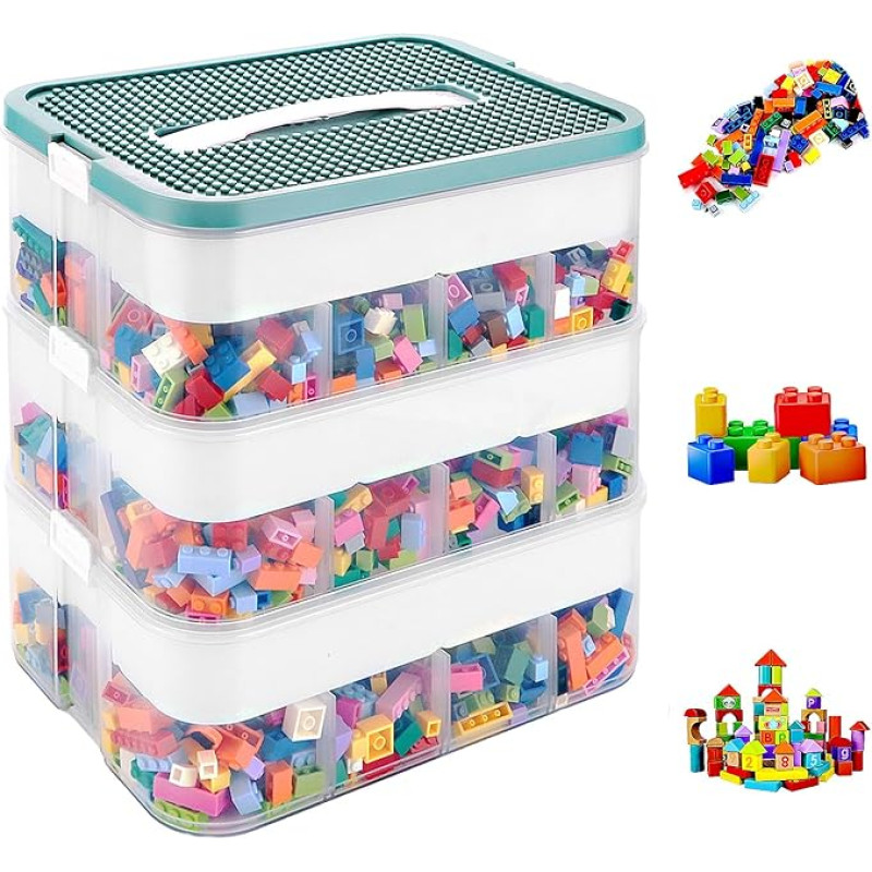 JMIATRY Dėžutės su dangčiu, 30,5 x 23 x 32,5 cm, 3 lygių dėžutės, skaidrios rūšiavimo dėžutės, kraunamos dėžutės, organizuojančios dėžutės kaladėlėms ir dėlionėms