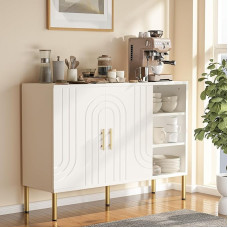 DAWNYIELD bufetinė spintelė, universali lenktos tekstūros medinė spintelė su 2 durimis ir 3 pakopų lentynomis, stalelis svetainei, virtuvei, prieškambariui, kreminės spalvos, 110 x 35 x 82 cm