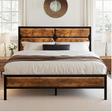 VECELO Bed 140 x 200 cm with Wooden Headboard, Metal Bed Frame Double Bed with Slatted Base, Metal Bed Frame, Youth Bed, Perfect for Bedroom, Plenty of Under Bed Storage Space, Vintage Brown