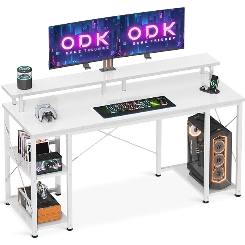 ODK Stalas su apverčiama lentyna, kompiuterio stalas su monitoriaus stovu ir lentynomis, žaidimų stalas, kompiuterio stalas, biuro stalas su knygų lentyna, nedidelis namų biurui (baltas, 120 x 50 x 86,5)