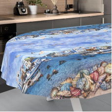 Oilcloth Tablecloth, Washable, Oilcloth, Garden Tablecloth, Outdoor, Indoor, Oval, 200 x 140 cm, Cut Edge, Fisherman's Shore