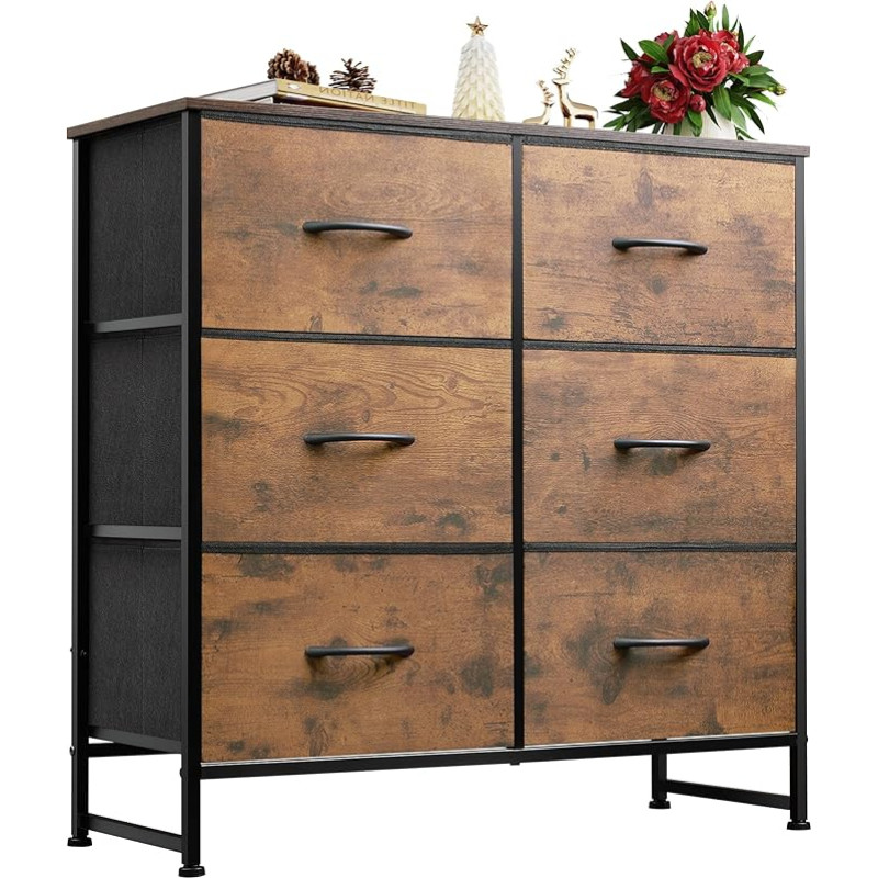 WLIVE Medžiaginė komoda su 6 stalčiais, miegamojo komoda, svetainės komoda su tvirtu plieniniu rėmu, mediniu viršumi, senovinė ruda/juoda spalva