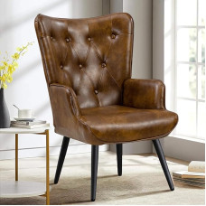 Furniliving Accent Chair PU Leather Upholstered High Back Armchair with Solid Metal Legs Tufted Button Design Reading Chair Sofa Chair for Bedroom Living Room Office Yellow Brown