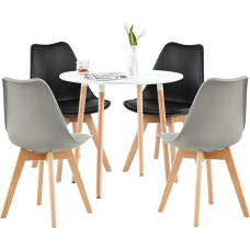 BALTAS Baltas valgomojo stalas su 4 juodomis ir pilkomis kėdėmis Valgomojo komplektas Medinis stalas Skandinaviškas kėdžių valgomojo stalo komplektas valgomajam Virtuvė 80 cm