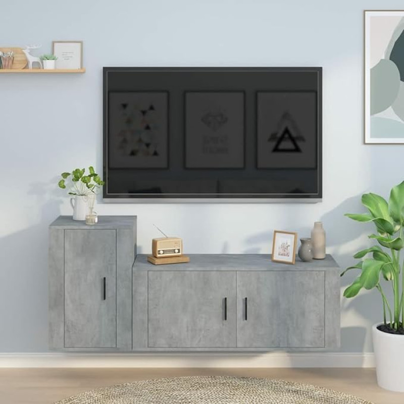 Homgoday TV-Möbel-Set, 2 Stück, Grau, Beton, aus mehrschichtigem Holz, TV-Schrank, TV-Schrank, Couchtisch, Wohnzimmer, TV-Ständer für TV-Schränke, Wohnzimmer