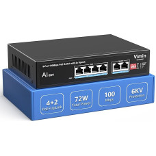 6-Port PoE Switch with 4 PoE Ports, VIMIN 4-Port Unmanaged 10/100Mbit/s Network PoE Switch with 2 Uplink Ports, AI Guard Dog, VLAN, Extension to 250 m, Supports IEEE802.3af/at, 72 W