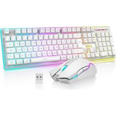 RedThunder K10 Wireless Gaming Keyboard and Mouse LED Backlit Rechargeable Battery 3800mAh Mechanical Feel Anti-Ghosting + 7D 3200 DPI Mouse IT Layout PC Player White