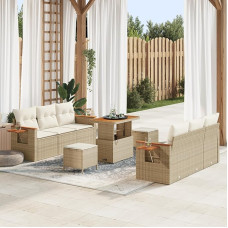 Rantry 9-teiliges Garten-Sofa-Set mit Kissen Beige Poly Rattan Akazie Gartenlounge Modelis3363131