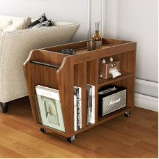 Movable Side Table with Brakable Wheels, Sofa Side Table with Magazine Holder, Removable Layer Board & Storage Compartments - Bedside Table, Narrow Side Table, Bedside Table, Living Room