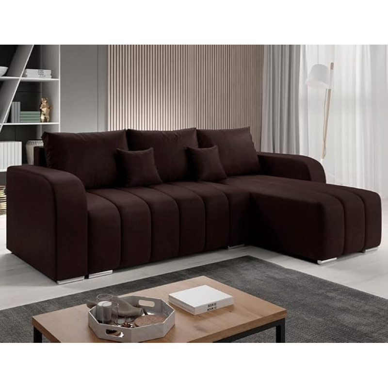 MODERNO Pufetto kampinė sofa su miego funkcija, lovos konteineris, kampinė sofa, sofa lova, svetainė, miegamasis, baldai Sofos ir sofos, sofa lova, veliūras, ruda, 86 x 245 x 147 cm