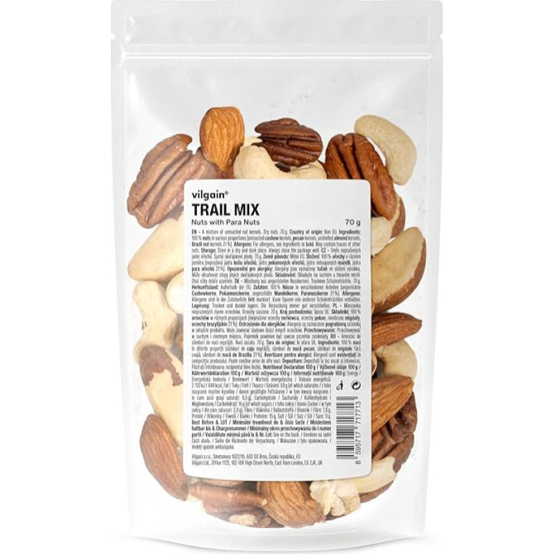 Vilgain Nuss-Mix mit Paranüssen 70g - Snack für Sport, Büro & Reisen - Nussmischung mit Kernen, Trockenfrüchten - Proteinquelle, Ballaststoffe - Wander Snack - Energie Mix - Studentenfutter