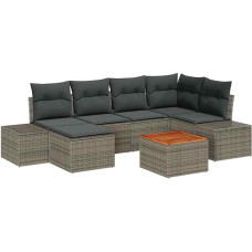 7-teiliges Garten-Sofa-Set mit Kissen Grau Poly-Rattan Akazie Gartenlounge Modelis3347979