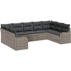 9-teiliges Garten Sofa Set mit Kissen Grau Poly Rattan, 2-Sitzer Garten Sofa mit Kissen Grau Poly Rattan Gartenlounge Modelis3345859