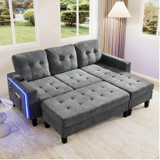 Daugiafunkcinė L formos svetainės sofos grupė: Su itin didele kilnojama kojų atrama + LED aplinkos apšvietimas, moderni modulinė sofa-lova, trijų vietų L formos sofa + dviejų vietų kojų atrama (antikvarinė pilka)