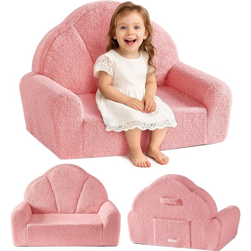 ROBUD vaikiška sofa mergaitėms, patogus vaikiškas fotelis, žaidimų kambario sofa skaitymui ir žaidimui, nuimamas užvalkalas, balta spalva