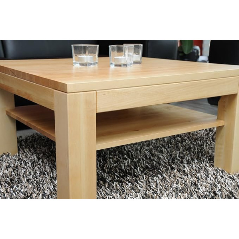 Kavos staliukas beržas 70 x 70 cm su lentynos rėmeliu Flush / Tikra mediena / Medžio masyvas / Aukštis 42 cm