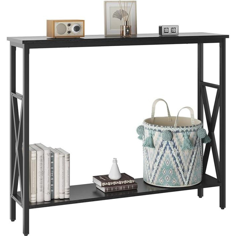 YMYNY Konsolinis staliukas, prieškambario staliukas, šoninis staliukas su 2 lentynomis, reguliuojamo aukščio, tvirtas X rėmas, 101 x 25 x 80,5 cm, reguliuojamos kojelės, lengvai surenkamas, skirtas prieškambariui, svetainei, juodas, HST007B