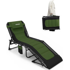 Šezlongas sulankstomas sodo gultas 5 reguliuojamos atlošo atramos Lauko sulankstomas trikojis gultas Paplūdimio gultas Kempingo gultas iki 120 kg su pagalvėle Šoninė kišenė 190 x 59 cm Žalias