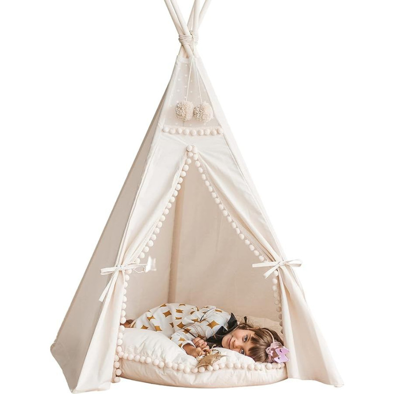 MINICAMP vaikiška palapinė Teepee - labai patvari originali palapinė Teepee, pagaminta iš natūralaus audeklo - žaidimų palapinė su Pom Pom dekoracijomis vaikams