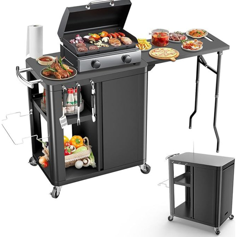 GFTIME kepsninės vežimėlis, kepsninės stalas su sulankstomu šoniniu staliuku, lauko virtuvė su kabliukais, laikymo stoveliu ir spintele, serviravimo vežimėlis su ratukais, lauko virtuvės, 143 x 37 x 89 cm