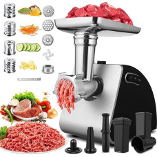 5-in-1 Electric Meat Grinder, 2000 W Minced Meat Machine with 4 Blades and 3 Stainless Steel Cutting Plates, Sausage Attachment and Biscuit Attachment for Vegetables, Meat and Cookies