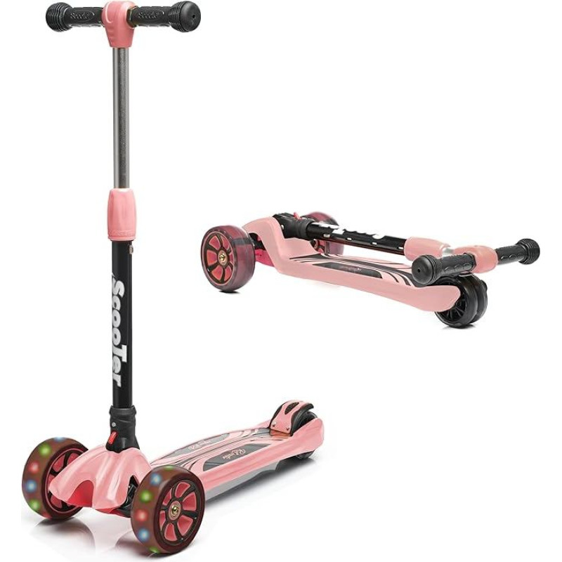 Vaikiškas paspirtukas su reguliuojamomis kelių ir alkūnių pagalvėlėmis ir 3 LED ratais Mergaitės paspirtukas mergaitėms 3 metai Paspirtukas berniukams 3 metai Paspirtukas su 3 ratais (rožinis)