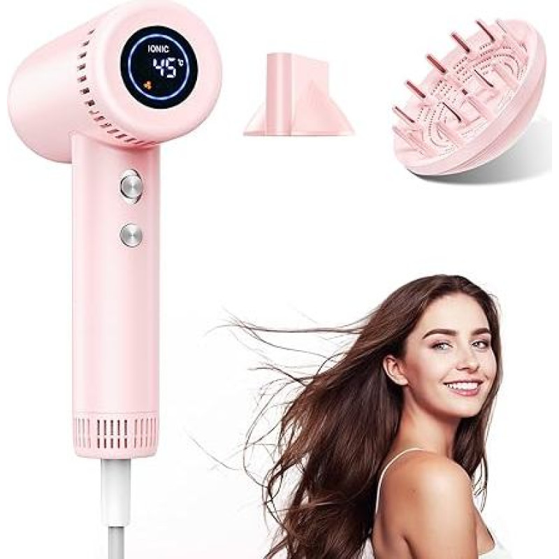 Joninis plaukų džiovintuvas su difuzoriumi - 160 000 apsisukimų per minutę greitaeigis plaukų džiovintuvas garbanoms, greitas džiovinimas, 9 temperatūros lygiai, plaukų džiovintuvas su 500 milijonų neigiamų jonų nuo garbanų, skirtas namams, kelionėms, sal