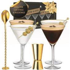 Vemacity Martini Glasses Set of 4 (300 ml) with Gold Rim, Ribbed Cocktail Glasses in Luxury Gift Set with Gold Spoon and Jigger, Elegant Coupette Glasses for Espresso Martini, Margarita & Cocktails