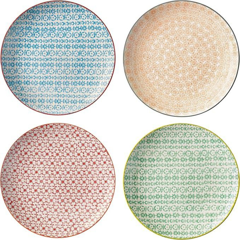 Bloomingville Carla Express Retro didelė vakarienė lėkštė Vintage skersmuo 25 cm oranžinė mėlyna žalia raudona keramikos rinkinys iš 4