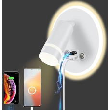 HUIZHOU Reading Lamp Wall Mounted LED Wall Light Touch Control 3 Colour Temperatures and 12 W USB Charging Port 350° Rotating Bed Reading Light Living Room and Bedroom (Round White)