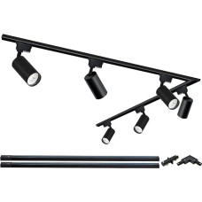 6 šviesų bėgių apšvietimo juodas komplektas, 20 W LED bėgių apšvietimo sistema, 6000 K Cool White, su papildomomis 2 x 1 m bėgių bėgių galvutėmis, skirtomis eksponatams, koridoriams