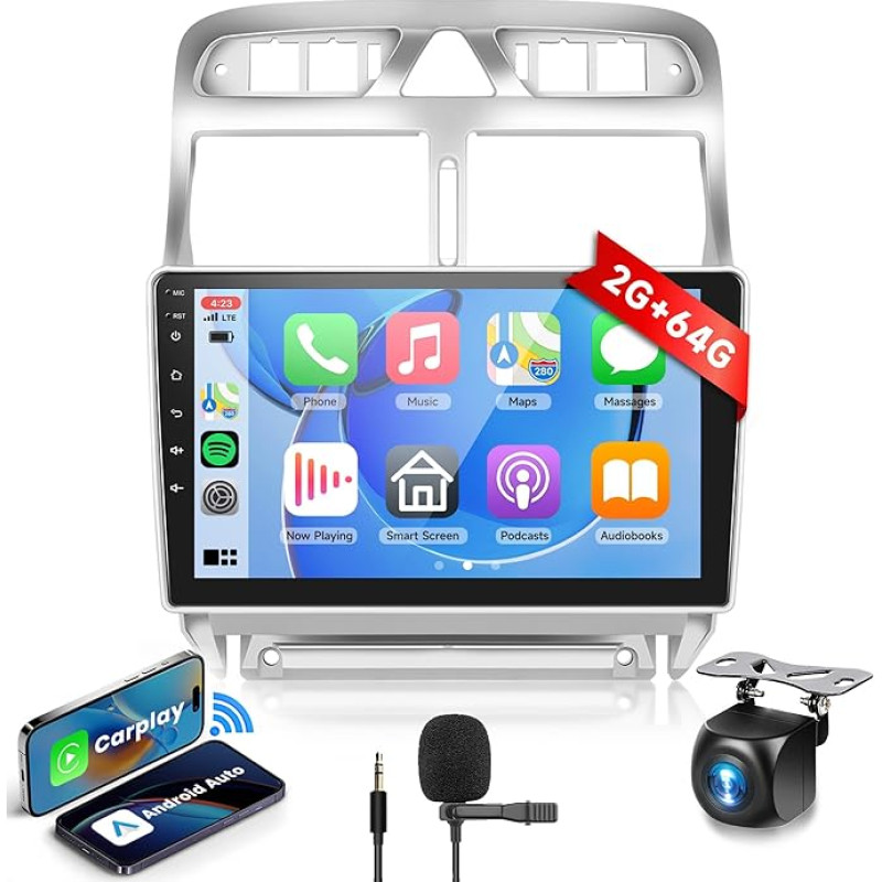 2G + 64G Wireless Carplay Android 13 Car Radio 2 DIN for Peugeot 307/307CC/307SW 2002-2013 with Android Car Navigation GPS WiFi 9 Inch Car Radio with Mirror Link Bluetooth FM/RDS/EQ/DAB/OBD/SWC Rear