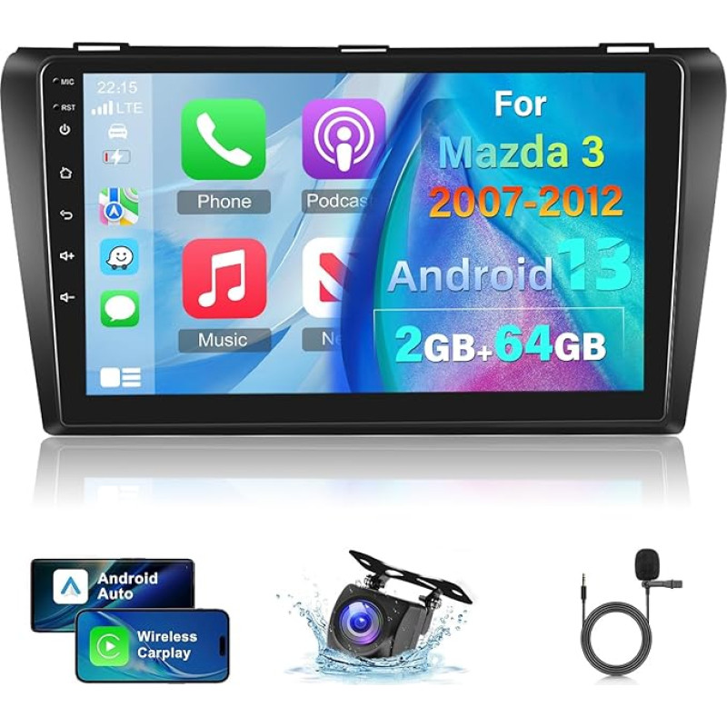 2+64G Android Car Radio for Mazda 3 2003-2009 with Wireless Carplay and Android Car - 9 Inch Touchscreen Radio with WiFi GPS EQ 28 Desktop Themes + AHD Rear View Camera & Mic