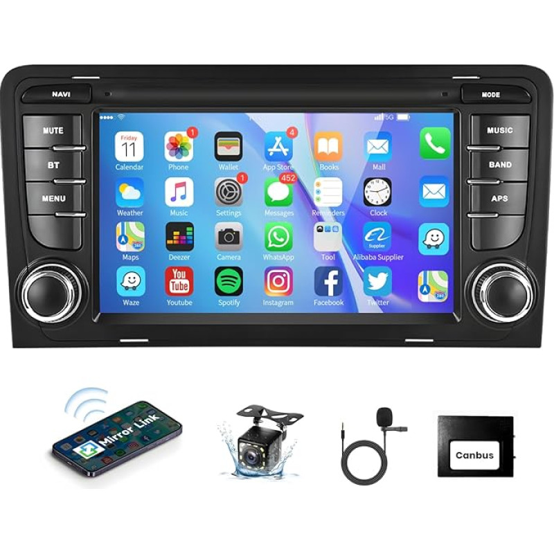 Podofo Car Radio for Audi A3 8P S3 8P RS3 Sportback 2003-2012, 7 Inch Touch Screen Radio with Bluetooth/Mirror Link/GPS/FM/RDS/WLAN/Steering Wheel Control/EQ/USB+Rear View Camera